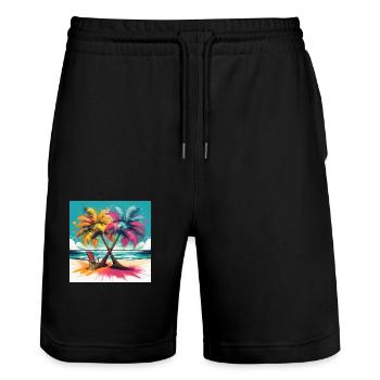 Vibrant Palm Trees on a Tropical Beach - Stanley/Stella Trainer Unisex Organic Jogging Shorts - black - Front - Nik (191cm) & Marisol (170cm)