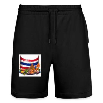 Thailand Flag with Temple and Cuisine Design - Stanley/Stella Trainer Unisex Organic Jogging Shorts - black - Front - Nik (191cm) & Marisol (170cm)