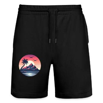 Retro Insel Sonnenuntergang - Stanley/Stella Unisex Bio Joggingshorts Trainer  - Schwarz - Vorne - Nik (191cm) & Marisol (170cm)