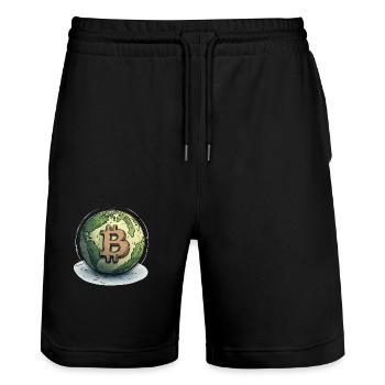 Bitcoin Globus: Eine Währung für die ganze Welt! - Stanley/Stella Unisex Bio Joggingshorts Trainer  - Schwarz - Vorne - Nik (191cm) & Marisol (170cm)