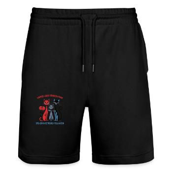 Hinter Jeden Starken Frau stehen ihre Fellnasen - Stanley/Stella Unisex Bio Joggingshorts Trainer  - Schwarz - Vorne - Nik (191cm) & Marisol (170cm)
