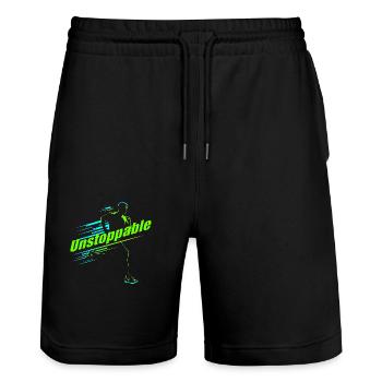 Running design - "Unstoppable" - Stanley/Stella Trainer Unisex Organic Jogging Shorts - black - Front - Nik (191cm) & Marisol (170cm)