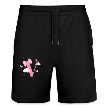 Buchstabe v rosa Wolken - Stanley/Stella Unisex Bio Joggingshorts Trainer  - Schwarz - Vorne - Nik (191cm) & Marisol (170cm)