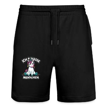 Ich hasse Menschen Einhorn Lustig Bunt - Stanley/Stella Unisex Bio Joggingshorts Trainer  - Schwarz - Vorne - Nik (191cm) & Marisol (170cm)