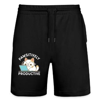 Pfotenproduktiv – Kawaii Cat bei der Arbeit - Stanley/Stella Unisex Bio Joggingshorts Trainer  - Schwarz - Vorne - Nik (191cm) & Marisol (170cm)