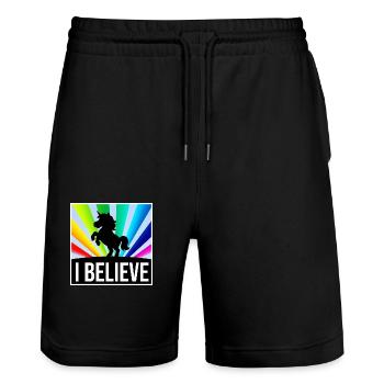 I BELIEVE Einhorn vor leuchtenden Regenbogenstrahl - Stanley/Stella Unisex Bio Joggingshorts Trainer  - Schwarz - Vorne - Nik (191cm) & Marisol (170cm)