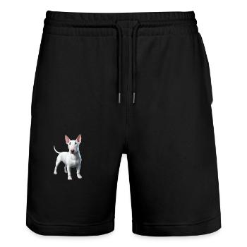 Miniatur Bullterrier Weiß - Stanley/Stella Unisex Bio Joggingshorts Trainer  - Schwarz - Vorne - Nik (191cm) & Marisol (170cm)
