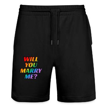 Veux-tu m’épouser Arc-en-ciel du mariage gay - Short de jogging bio TRAINER Stanley/Stella unisexe - noir - Devant - Nik (191cm) & Marisol (170cm)