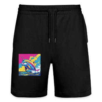 Pop Art Regenbogen Einhorn Delfin - Stanley/Stella Unisex Bio Joggingshorts Trainer  - Schwarz - Vorne - Nik (191cm) & Marisol (170cm)