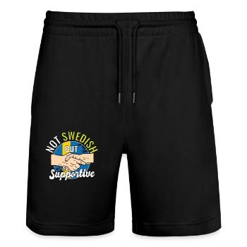 Not Swedish But Supportive Country Traveler - Stanley/Stella Unisex Bio Joggingshorts Trainer  - Schwarz - Vorne - Nik (191cm) & Marisol (170cm)