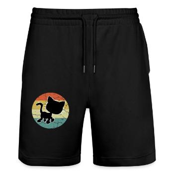 Retro Vintage Niedliche Katze Sonnenuntergang Design - Stanley/Stella Unisex Bio Joggingshorts Trainer  - Schwarz - Vorne - Nik (191cm) & Marisol (170cm)