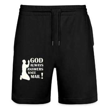 god answers 02 - Stanley/Stella Trainer Unisex Organic Jogging Shorts - black - Front - Nik (191cm) & Marisol (170cm)