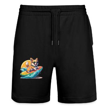 Sweet Corgi Surfs - Summer Holiday Tropical - Stanley/Stella Trainer Unisex Organic Jogging Shorts - black - Front - Nik (191cm) & Marisol (170cm)
