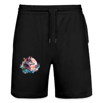 Wolf Wolfskopf Natur Wildnis Wald Bäume Kunst - Stanley/Stella Unisex Bio Joggingshorts Trainer  - Schwarz - Vorne - Nik (191cm) & Marisol (170cm)