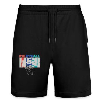 Paintball-Liebe 2024, Paintballer-Silhütte - Stanley/Stella Unisex Bio Joggingshorts Trainer  - Schwarz - Vorne - Nik (191cm) & Marisol (170cm)