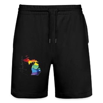 Michigan (États-Unis) | Drapeau réel | Texte LGBTQIA+ - Short de jogging bio TRAINER Stanley/Stella unisexe - noir - Devant - Nik (191cm) & Marisol (170cm)