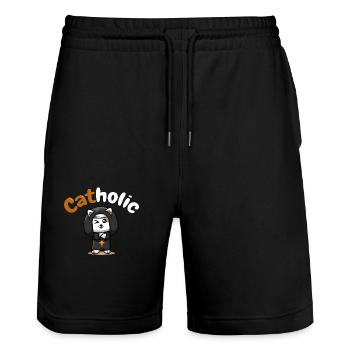 Catholic Cat Tshirt Funny Gift - Stanley/Stella Trainer Unisex Organic Jogging Shorts - black - Front - Nik (191cm) & Marisol (170cm)
