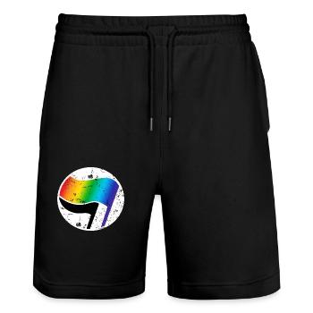 Antifa LGBT logo grunge - Stanley/Stella Trainer Unisex Organic Jogging Shorts - black - Front - Nik (191cm) & Marisol (170cm)