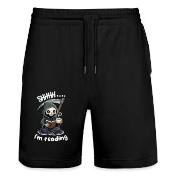 Sensenmann liest ein Buch mit Kaffee - Stanley/Stella Unisex Bio Joggingshorts Trainer  - Schwarz - Vorne - Nik (191cm) & Marisol (170cm)