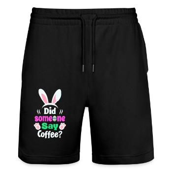 Quelqu’un a dit café ? Lapin de Pâques Humour - Short de jogging bio TRAINER Stanley/Stella unisexe - noir - Devant - Nik (191cm) & Marisol (170cm)