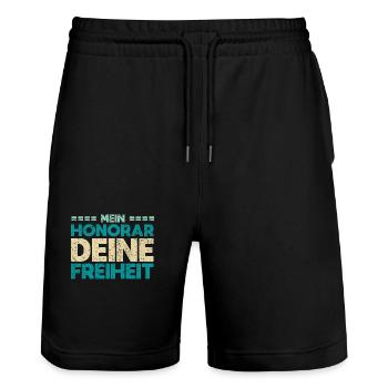 Mein Honorar, Deine Freiheit - Stanley/Stella Unisex Bio Joggingshorts Trainer  - Schwarz - Vorne - Nik (191cm) & Marisol (170cm)