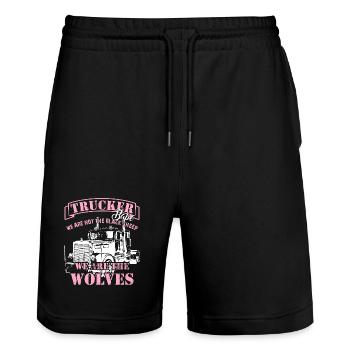 Proud truck driver Trucker Babe Brummi truck - Stanley/Stella Trainer Unisex Organic Jogging Shorts - black - Front - Nik (191cm) & Marisol (170cm)