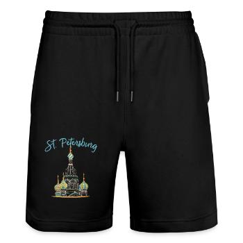 St. Petersburg, Kirche, Russland, Strichzeichnung - Stanley/Stella Unisex Bio Joggingshorts Trainer  - Schwarz - Vorne - Nik (191cm) & Marisol (170cm)
