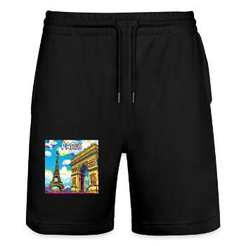 Paris Pop Art: Eiffel-Arc-Traumlandschaft - Stanley/Stella Unisex Bio Joggingshorts Trainer  - Schwarz - Vorne - Nik (191cm) & Marisol (170cm)