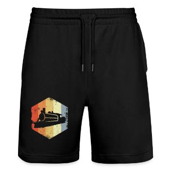 Retro Steam Locomotive - Stanley/Stella Trainer Unisex Organic Jogging Shorts - black - Front - Nik (191cm) & Marisol (170cm)