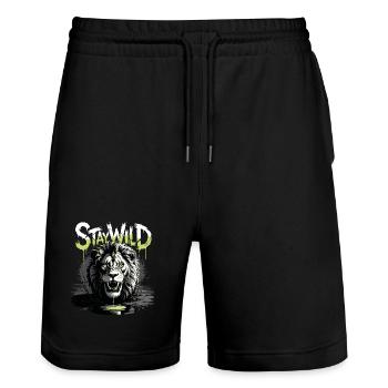 Stay Wild Spruch mit Löwe / Löwenkopf - Stanley/Stella Unisex Bio Joggingshorts Trainer  - Schwarz - Vorne - Nik (191cm) & Marisol (170cm)