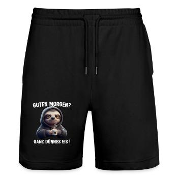 Grim Sloth with Coffee Saying Design - Stanley/Stella Trainer Unisex Organic Jogging Shorts - black - Front - Nik (191cm) & Marisol (170cm)