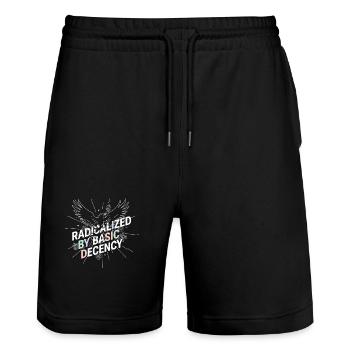 Radicalized by Basic Decency Shirt Democracy Fans - Stanley/Stella Trainer Unisex Organic Jogging Shorts - black - Front - Nik (191cm) & Marisol (170cm)