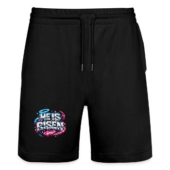 He is Risen Streetwear Spruch - Stanley/Stella Unisex Bio Joggingshorts Trainer  - Schwarz - Vorne - Nik (191cm) & Marisol (170cm)