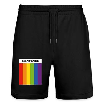 LGBT welcome Bienvenue French safe space gay ally - Stanley/Stella Trainer Unisex Organic Jogging Shorts - black - Front - Nik (191cm) & Marisol (170cm)