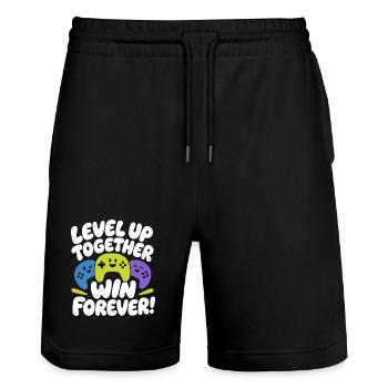 Level Up Together Win Forever - Stanley/Stella Trainer Unisex Organic Jogging Shorts - black - Front - Nik (191cm) & Marisol (170cm)