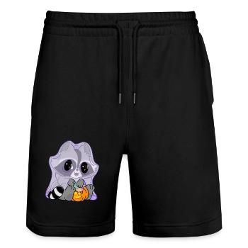 Snuggles der Waschbär im Geisterkostüm - Stanley/Stella Unisex Bio Joggingshorts Trainer  - Schwarz - Vorne - Nik (191cm) & Marisol (170cm)