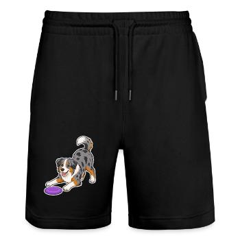 Australian Shepherd mit lila Frisbee - Stanley/Stella Unisex Bio Joggingshorts Trainer  - Schwarz - Vorne - Nik (191cm) & Marisol (170cm)