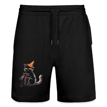 Schwarze Mürrische Katze Stricken Hexenhut T-Shirt - Stanley/Stella Trainer Unisex Organic Jogging Shorts - black - Front - Nik (191cm) & Marisol (170cm)
