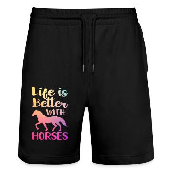 Life is Better with Horses - Stanley/Stella Unisex Bio Joggingshorts Trainer  - Schwarz - Vorne - Nik (191cm) & Marisol (170cm)