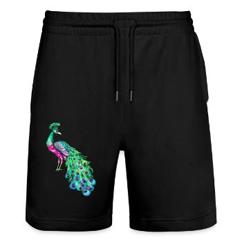 paon oiseau coloré belle fantaisie coloré - Short de jogging bio TRAINER Stanley/Stella unisexe - noir - Devant - Nik (191cm) & Marisol (170cm)