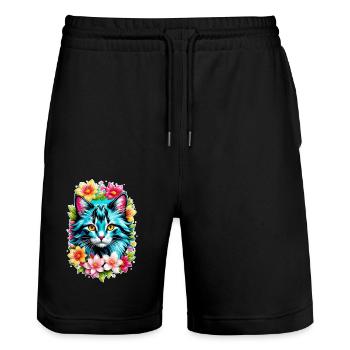 Cat and Flower Watercolor - Stanley/Stella Trainer Unisex Organic Jogging Shorts - black - Front - Nik (191cm) & Marisol (170cm)