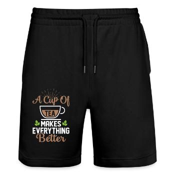 Une tasse de thé rend tout meilleur buveur de thé - Short de jogging bio TRAINER Stanley/Stella unisexe - noir - Devant - Nik (191cm) & Marisol (170cm)