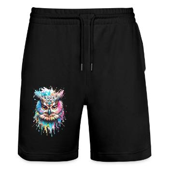 eule,graffiti,malerei,bunt, Aquarell - Stanley/Stella Unisex Bio Joggingshorts Trainer  - Schwarz - Vorne - Nik (191cm) & Marisol (170cm)