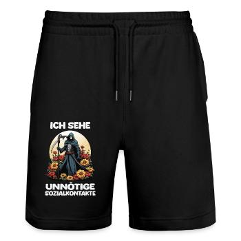 Ich Sehe Unnötige Sozialkontakte - Sensenmann - Stanley/Stella Unisex Bio Joggingshorts Trainer  - Schwarz - Vorne - Nik (191cm) & Marisol (170cm)