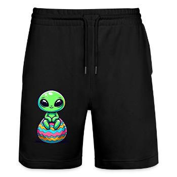 Cute Alien on Colorful Easter Egg - Stanley/Stella Trainer Unisex Organic Jogging Shorts - black - Front - Nik (191cm) & Marisol (170cm)