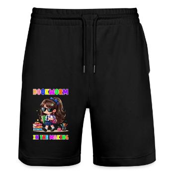 Bookworm in making - Stanley/Stella Trainer Unisex Organic Jogging Shorts - black - Front - Nik (191cm) & Marisol (170cm)