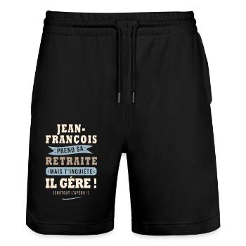 Jean-François humour retraite cadeau retraité - Short de jogging bio TRAINER Stanley/Stella unisexe - noir - Devant - Nik (191cm) & Marisol (170cm)