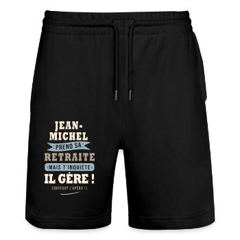 Jean-Michel humour retraite cadeau retraité - Short de jogging bio TRAINER Stanley/Stella unisexe - noir - Devant - Nik (191cm) & Marisol (170cm)