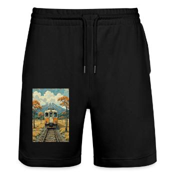Retro Train Image - Stanley/Stella Trainer Unisex Organic Jogging Shorts - black - Front - Nik (191cm) & Marisol (170cm)