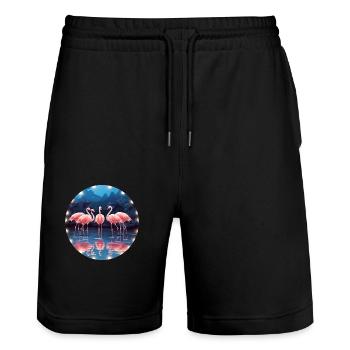 Flamingo Flock Tropical, Liebe Flamingos - Stanley/Stella Unisex Bio Joggingshorts Trainer  - Schwarz - Vorne - Nik (191cm) & Marisol (170cm)